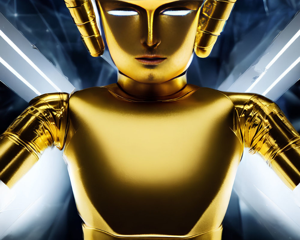 Golden Humanoid Figure with Featureless Face Illuminated by White Neon Lights