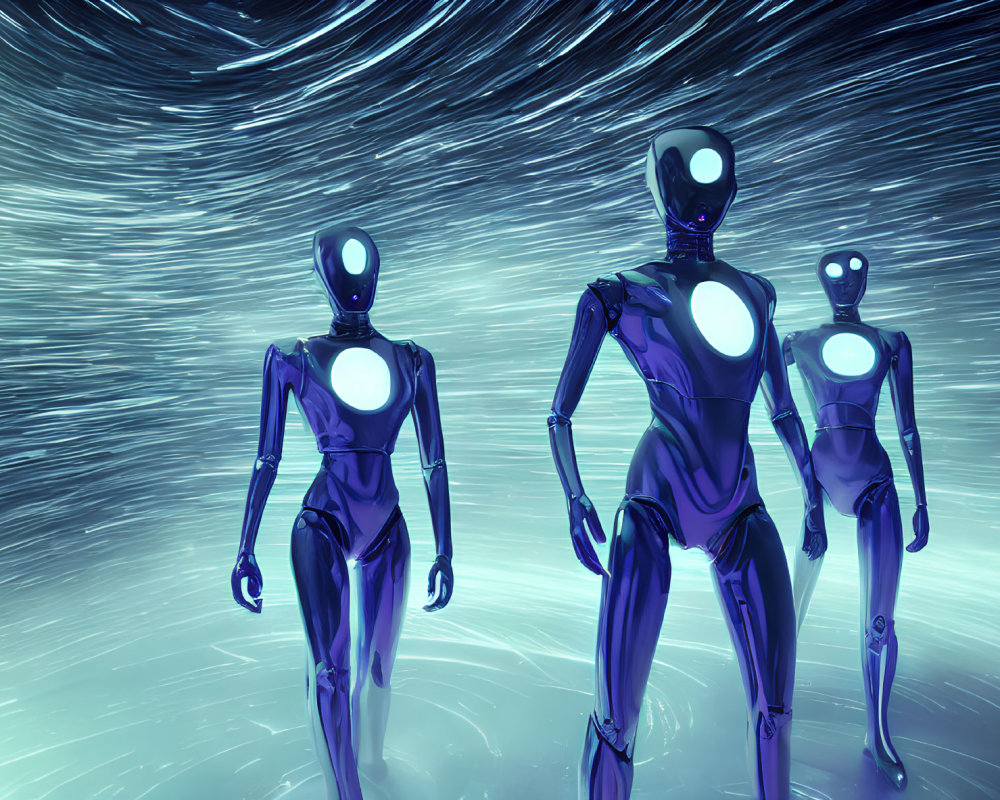 Three humanoid robots with glowing chests on blue energy background
