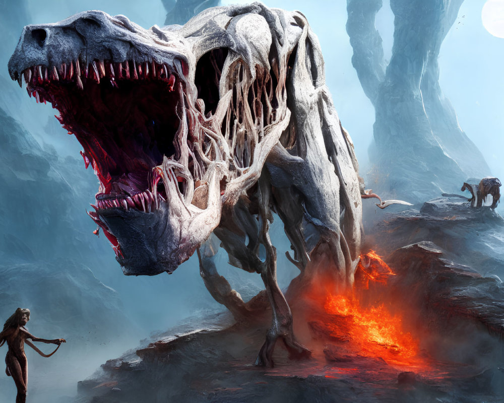 Human Confronts Gigantic Skeletal Beast in Desolate Volcanic Landscape