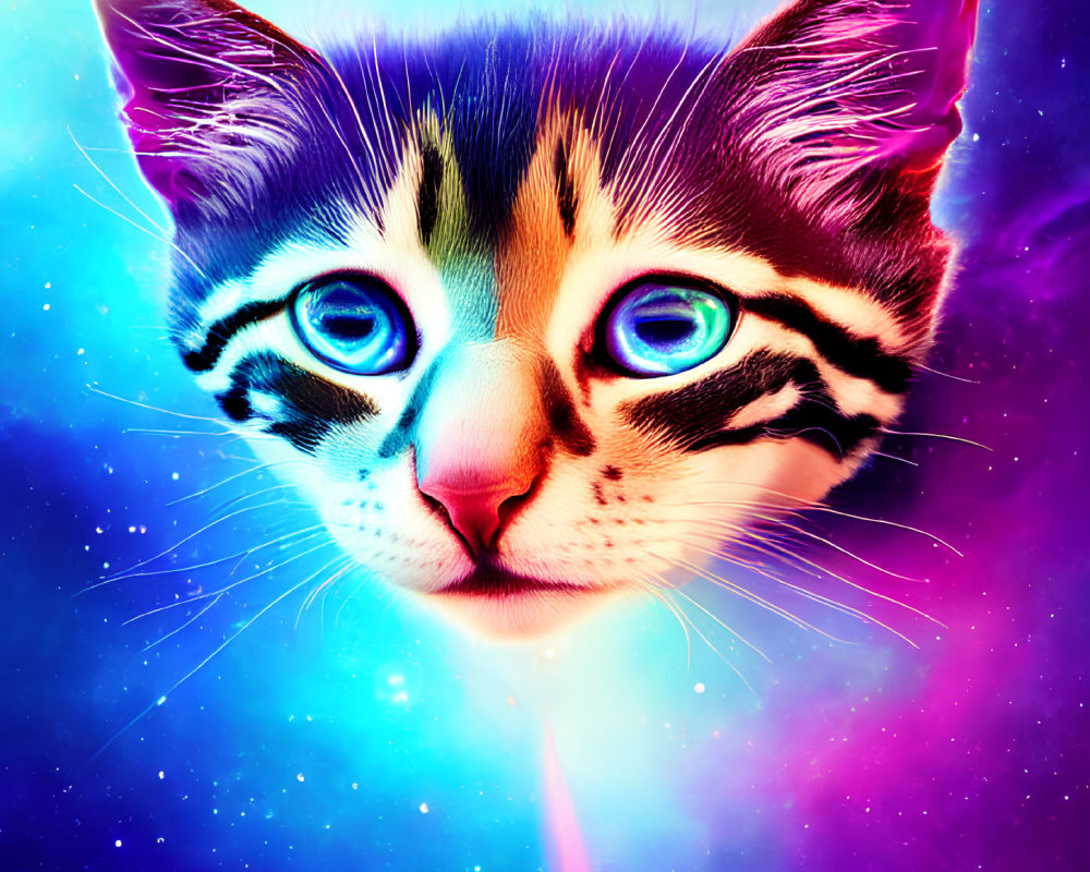 Colorful Cat Artwork with Blue Eyes and Galactic Fur on Cosmic Background