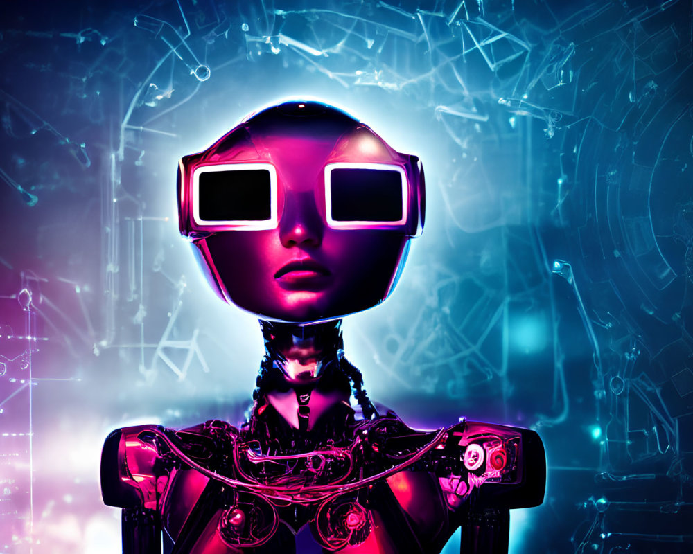 Futuristic humanoid robot with reflective glasses on cybernetic blue background