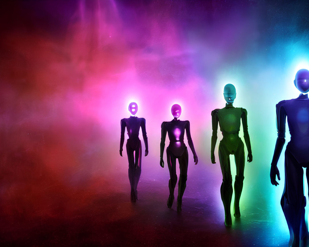 Four humanoid figures with glowing heads in colorful foggy environment