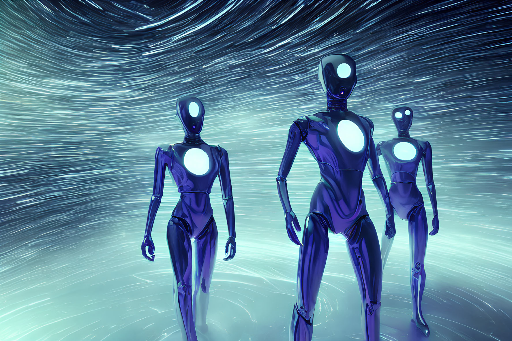 Three humanoid robots with glowing chests on blue energy background