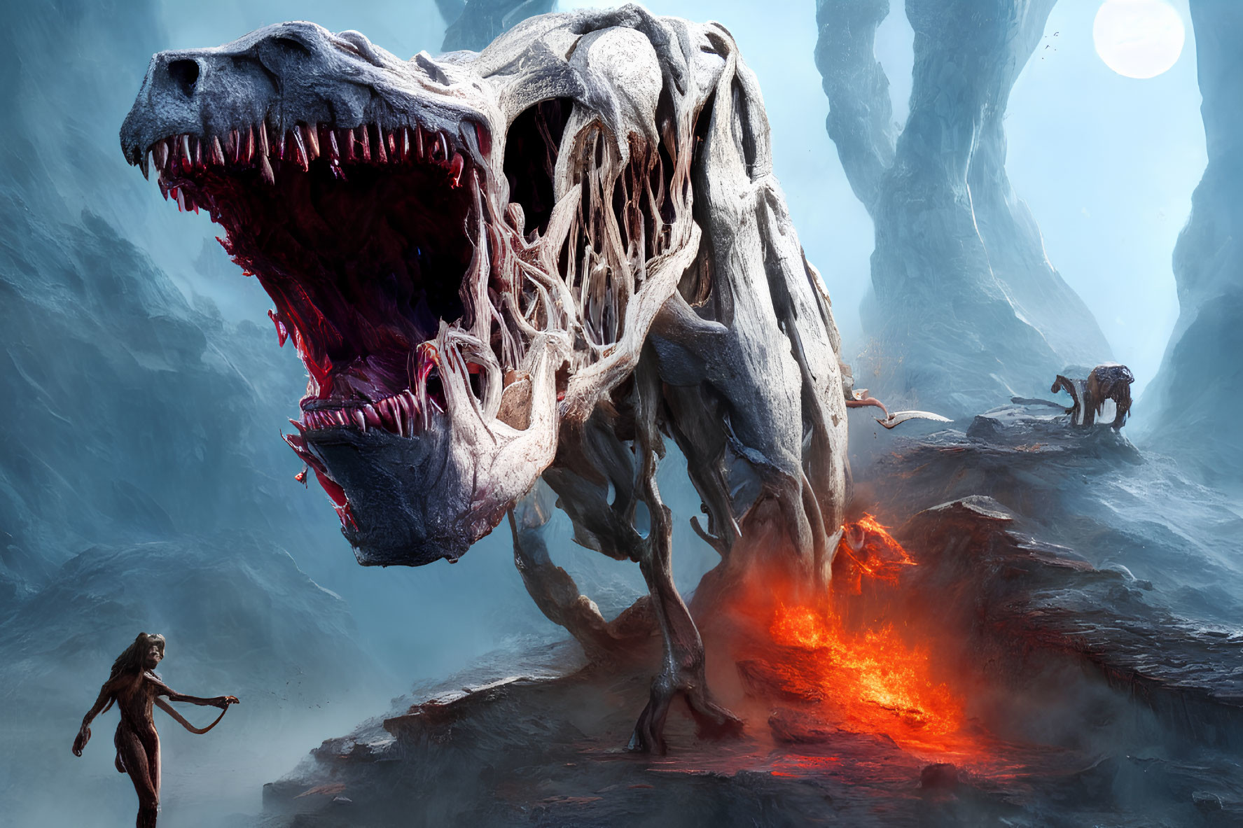 Human Confronts Gigantic Skeletal Beast in Desolate Volcanic Landscape