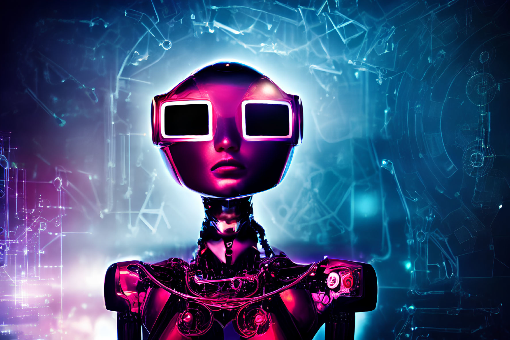 Futuristic humanoid robot with reflective glasses on cybernetic blue background