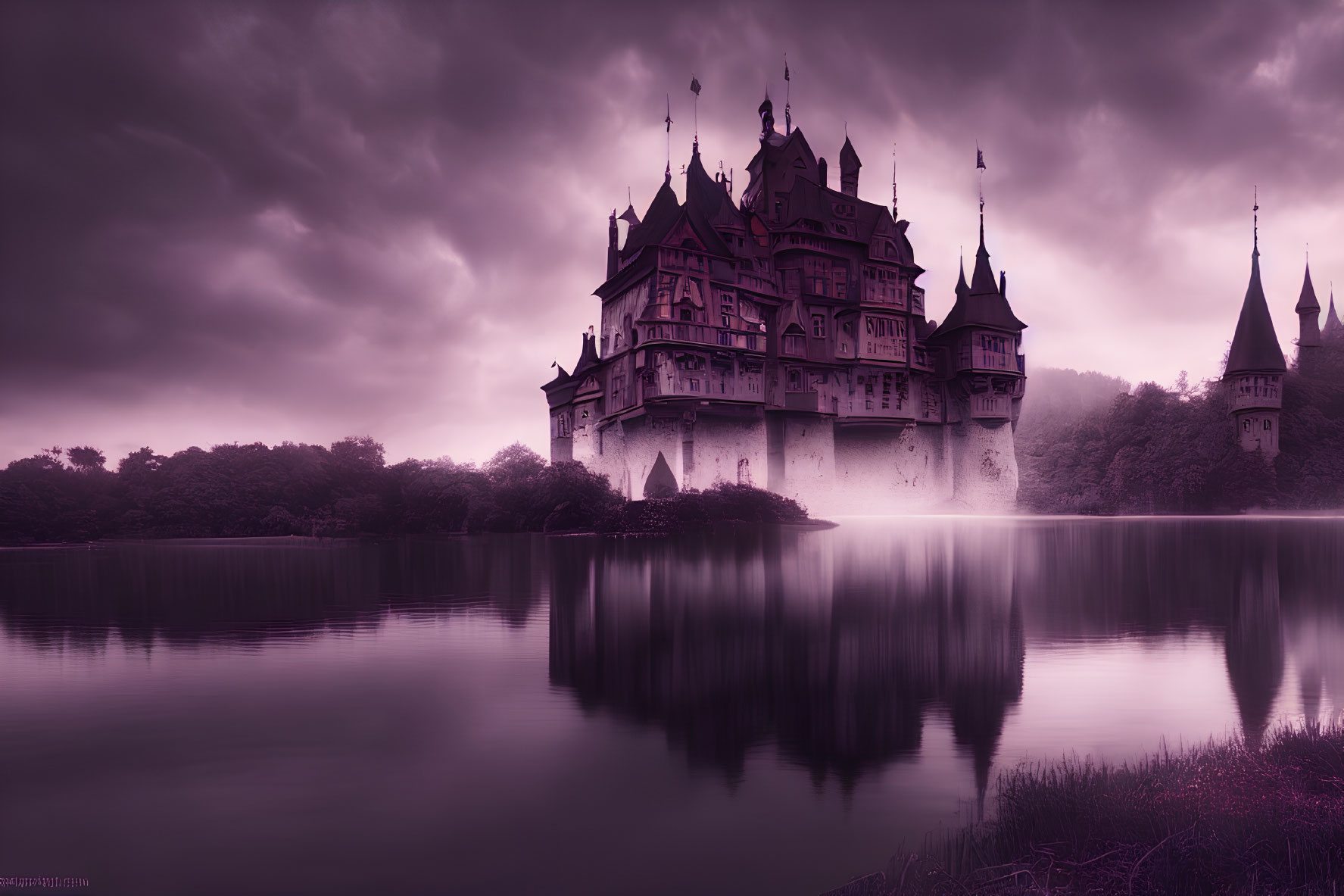 Majestic castle with spires and towers reflected in serene lake under purple sky