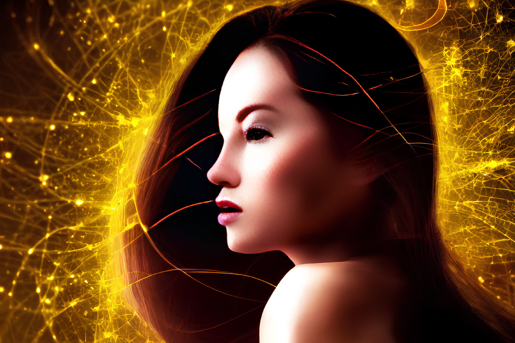 Woman's side profile with flowing hair on vivid golden backdrop.