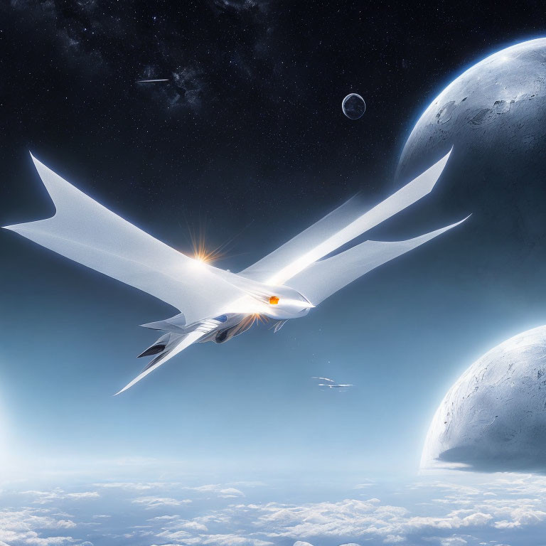 Futuristic spaceship in celestial landscape with Earth-like and moon-like bodies