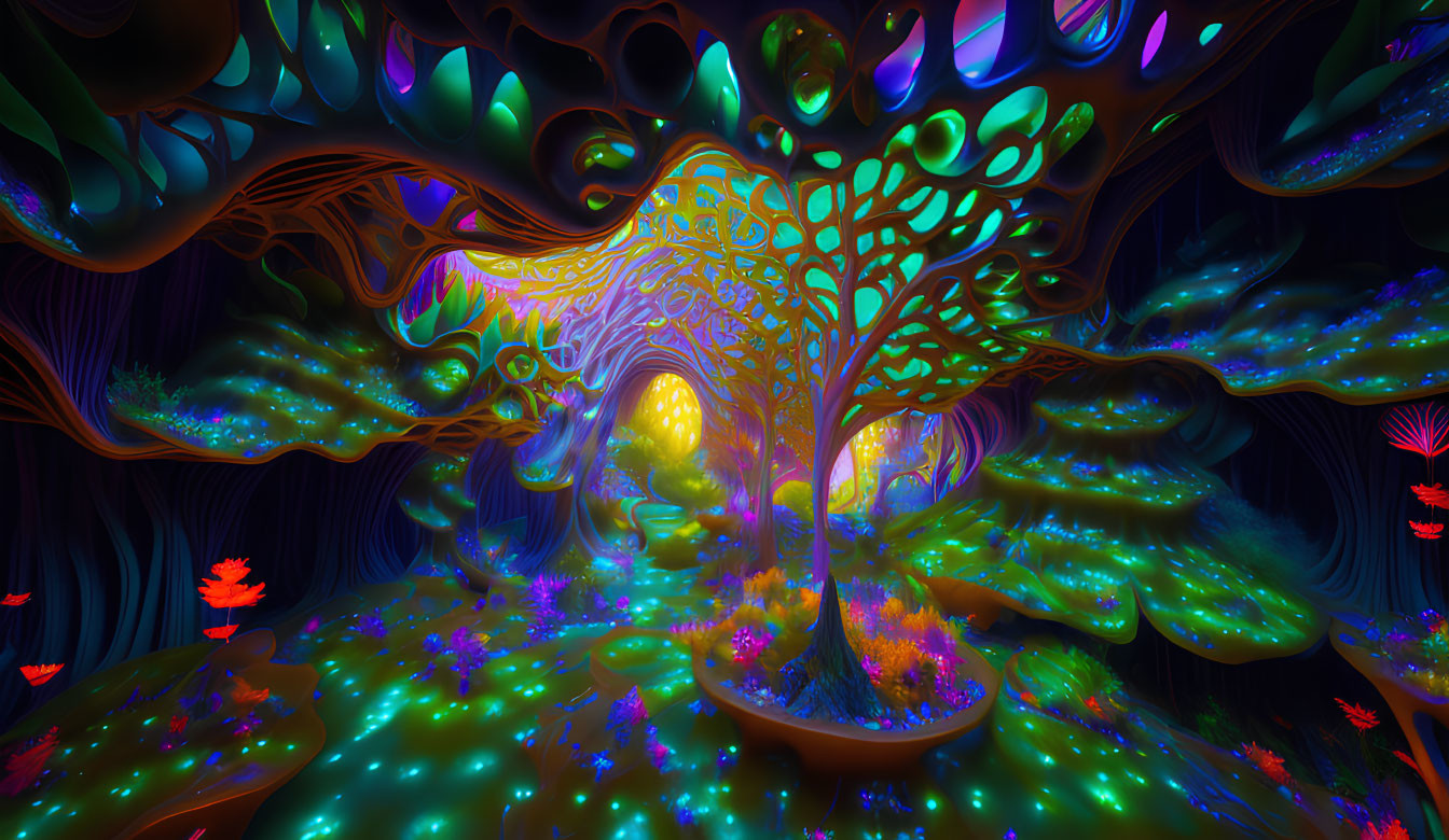 Colorful neon-lit tree in psychedelic forest setting