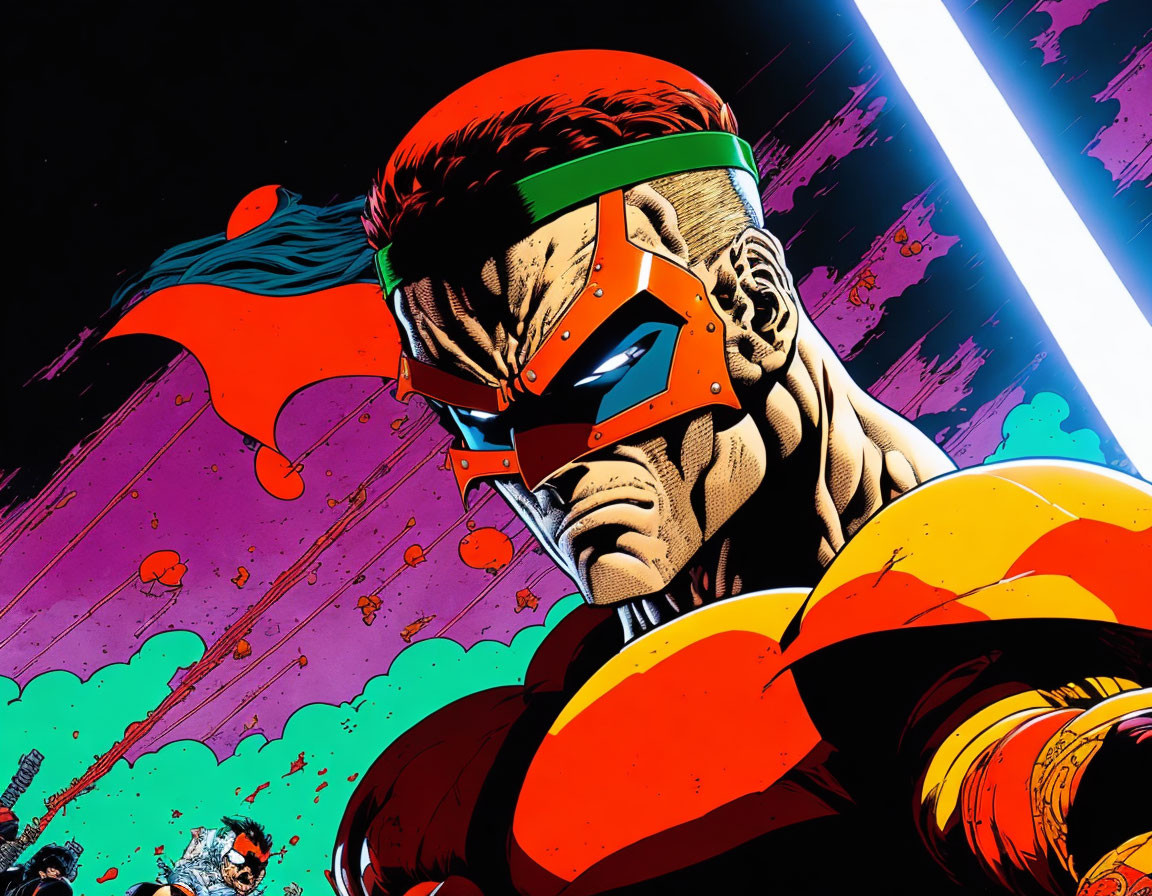 Muscular superhero with red visor and green headband in cosmic scene