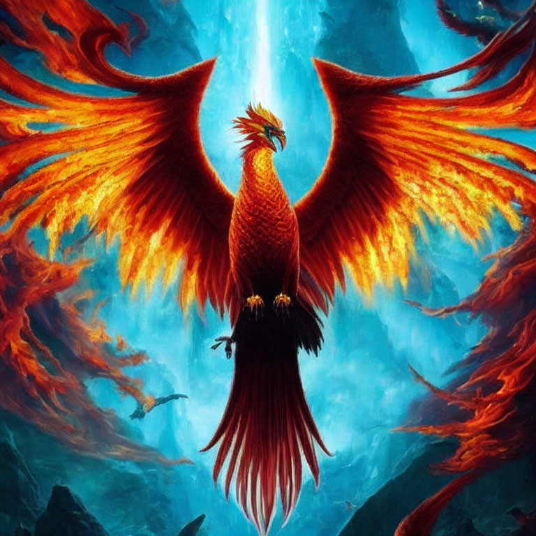 Fiery red and orange phoenix against mystical blue backdrop