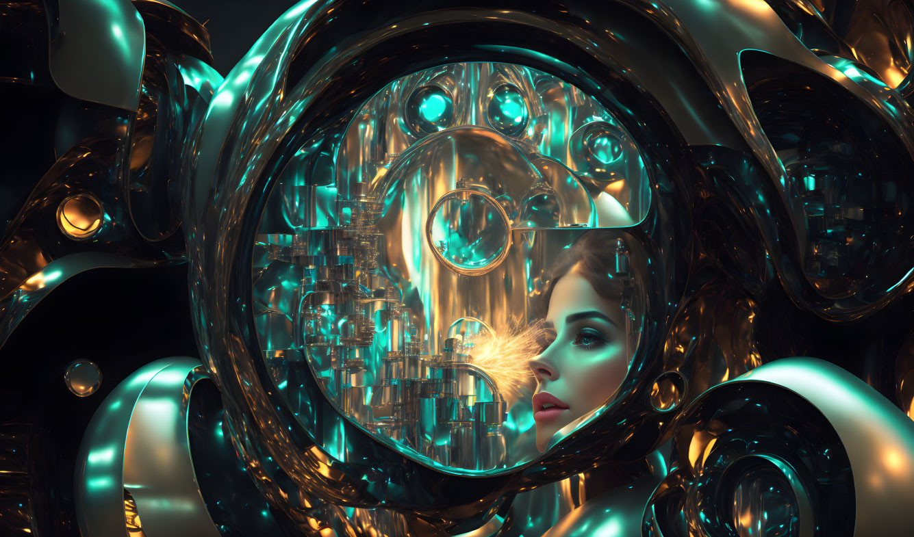 Abstract futuristic portrait featuring female figure and glowing metallic shapes.