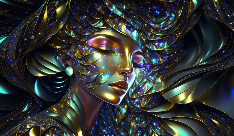 Golden metallic headdress woman digital art with intricate patterns