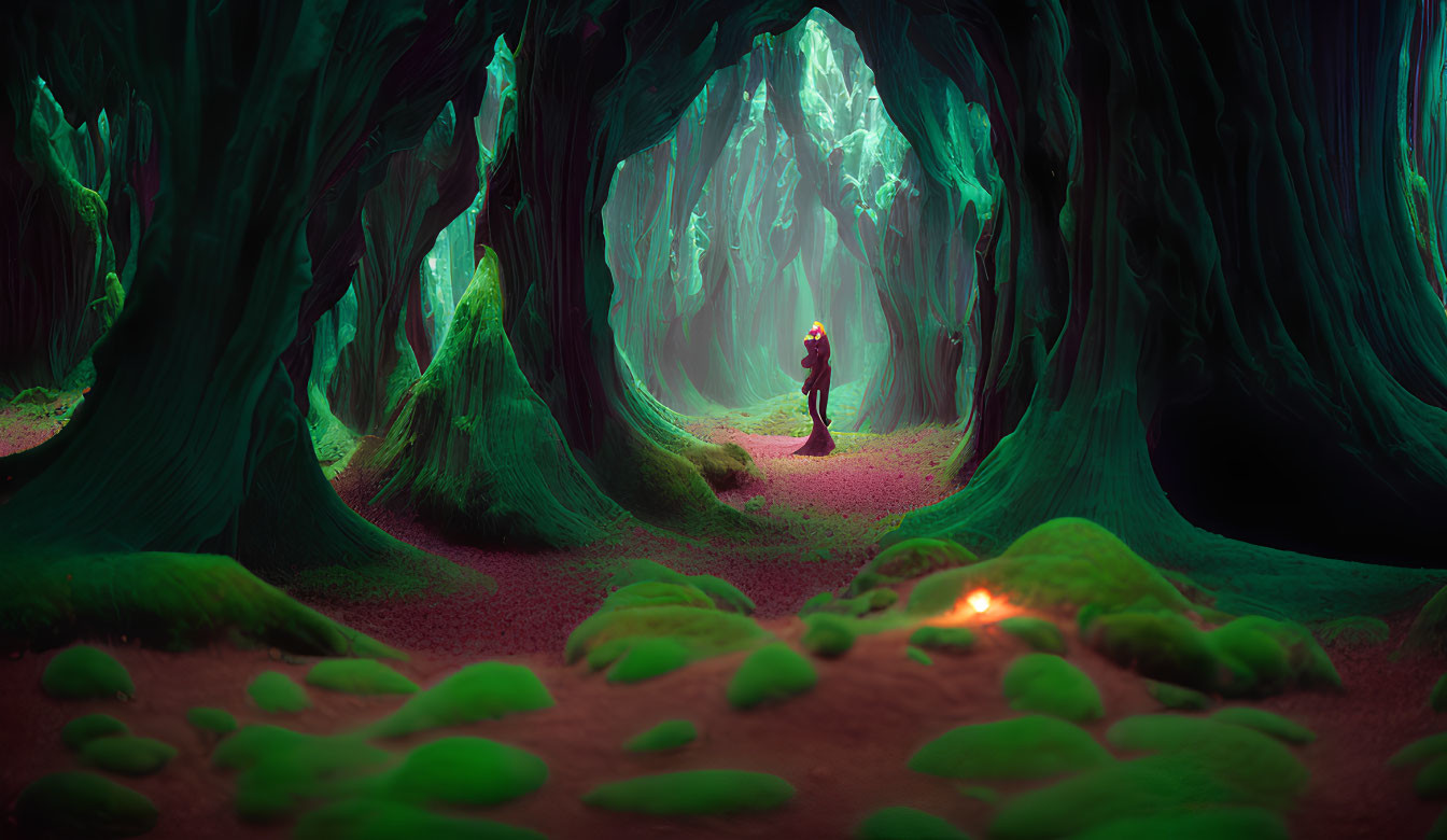 Person in glowing, fantastical forest with twisted trees and mystical ambiance