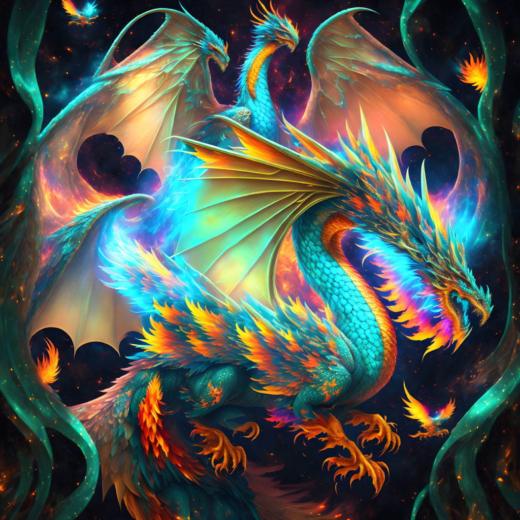 Colorful Dragon with Iridescent Scales in Cosmic Setting