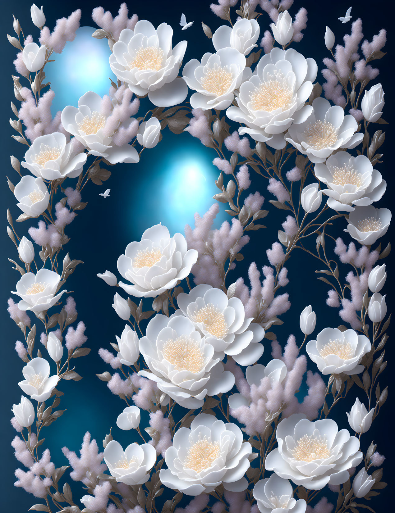 White and Pink Floral Arrangement on Dark Blue Background