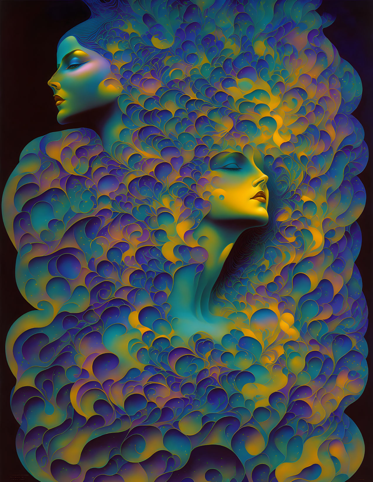 Stylized Faces with Flame-like Patterns in Blue, Purple, and Gold