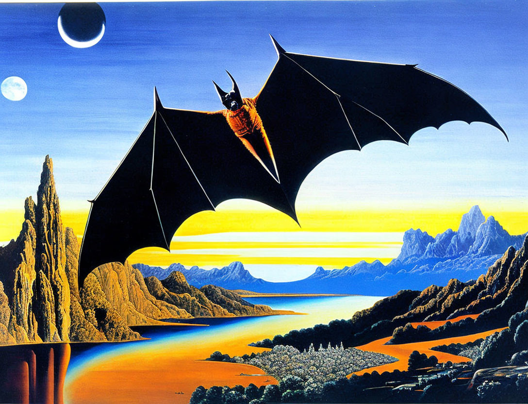 Surreal landscape with bat-like creature, lakes, mountains, and celestial sky
