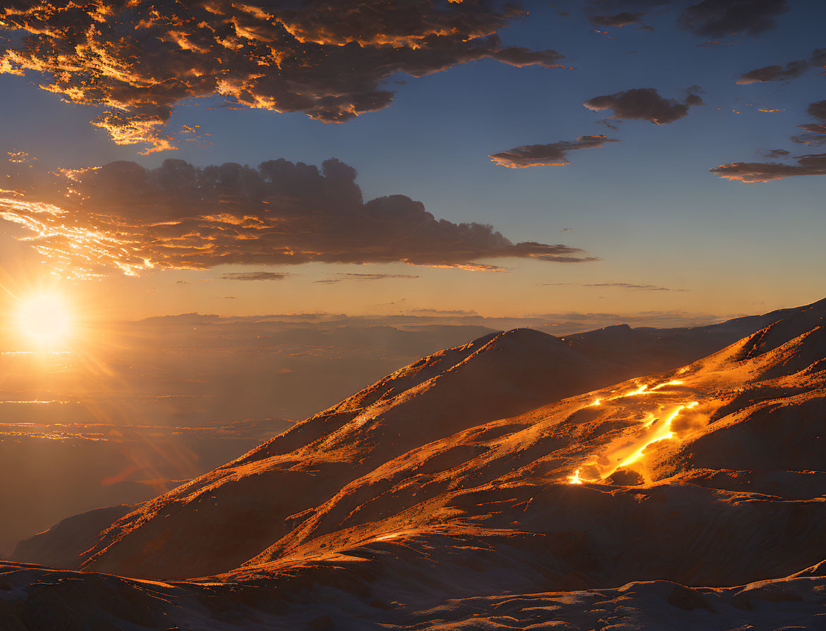 Snow-capped mountains under golden sunset light with flowing lava
