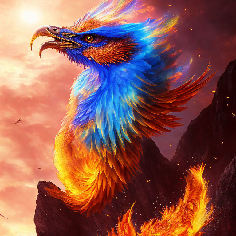 Mythical phoenix with fiery feathers in dramatic sky
