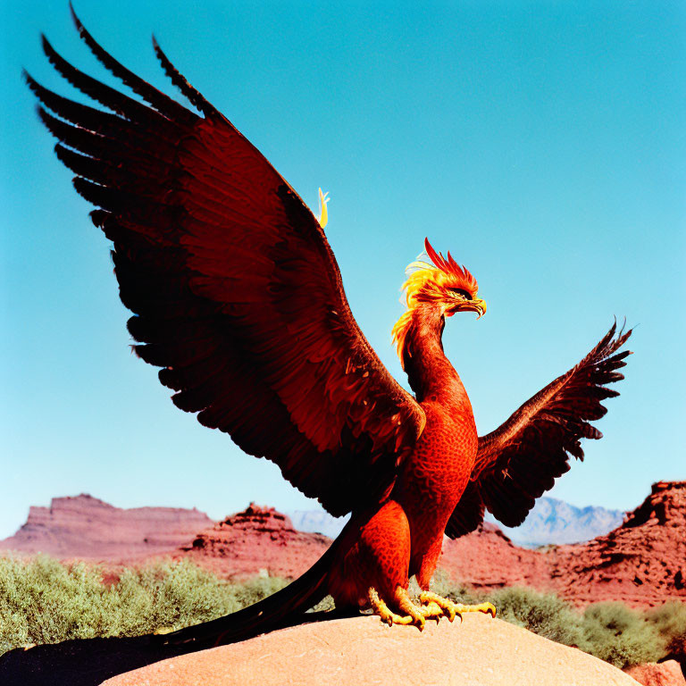 Stylized red and orange bird with spread wings on rock against desert backdrop