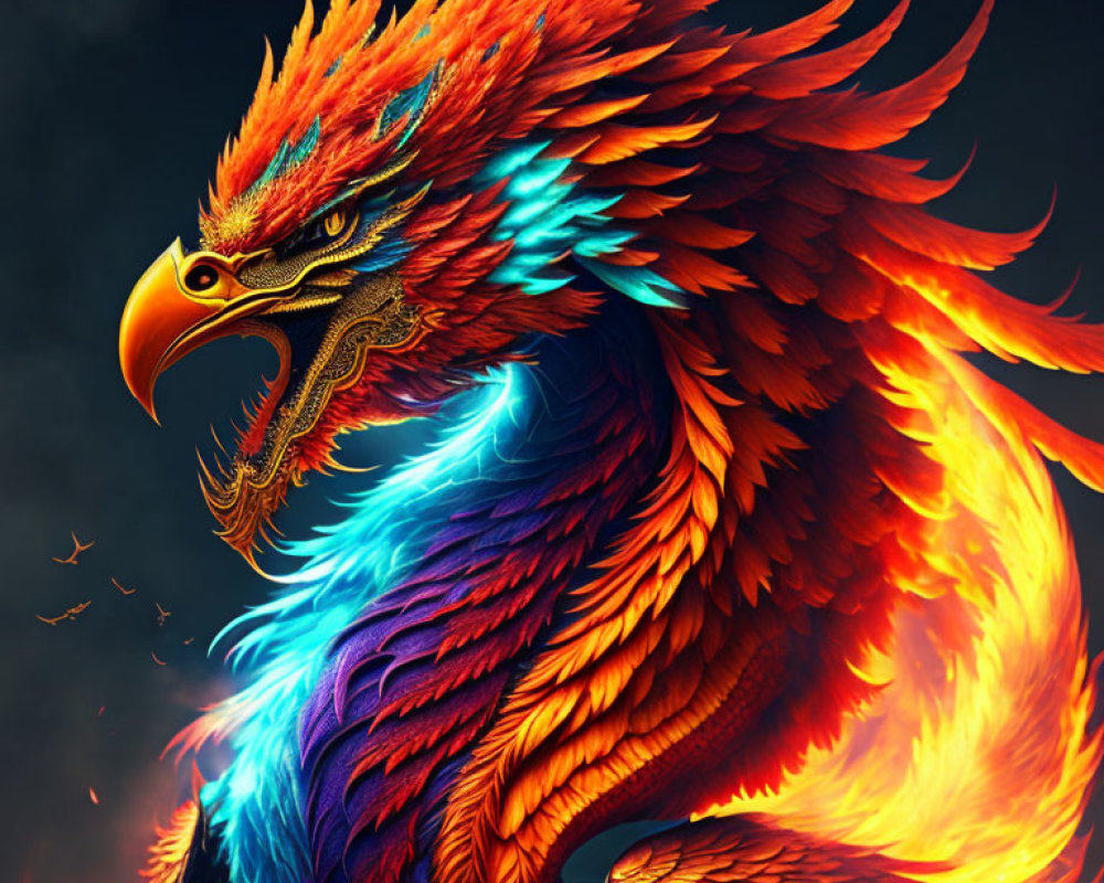 Colorful mythical phoenix illustration with fiery red plumage on dark background