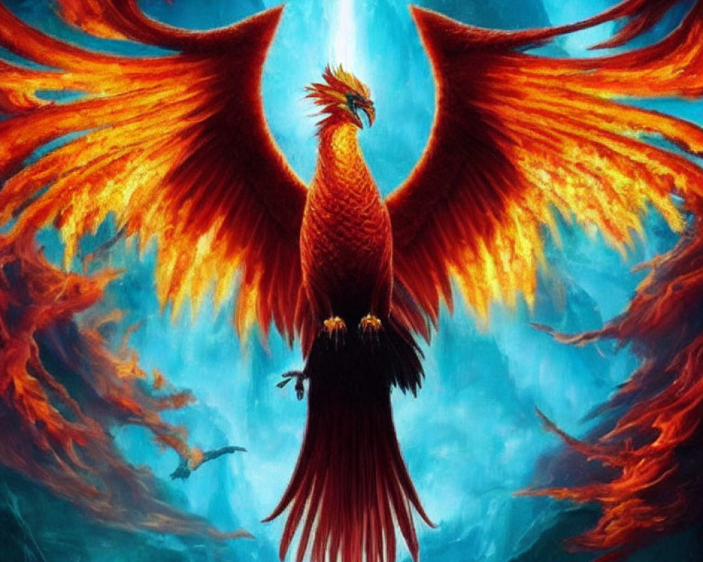 Fiery red and orange phoenix against mystical blue backdrop