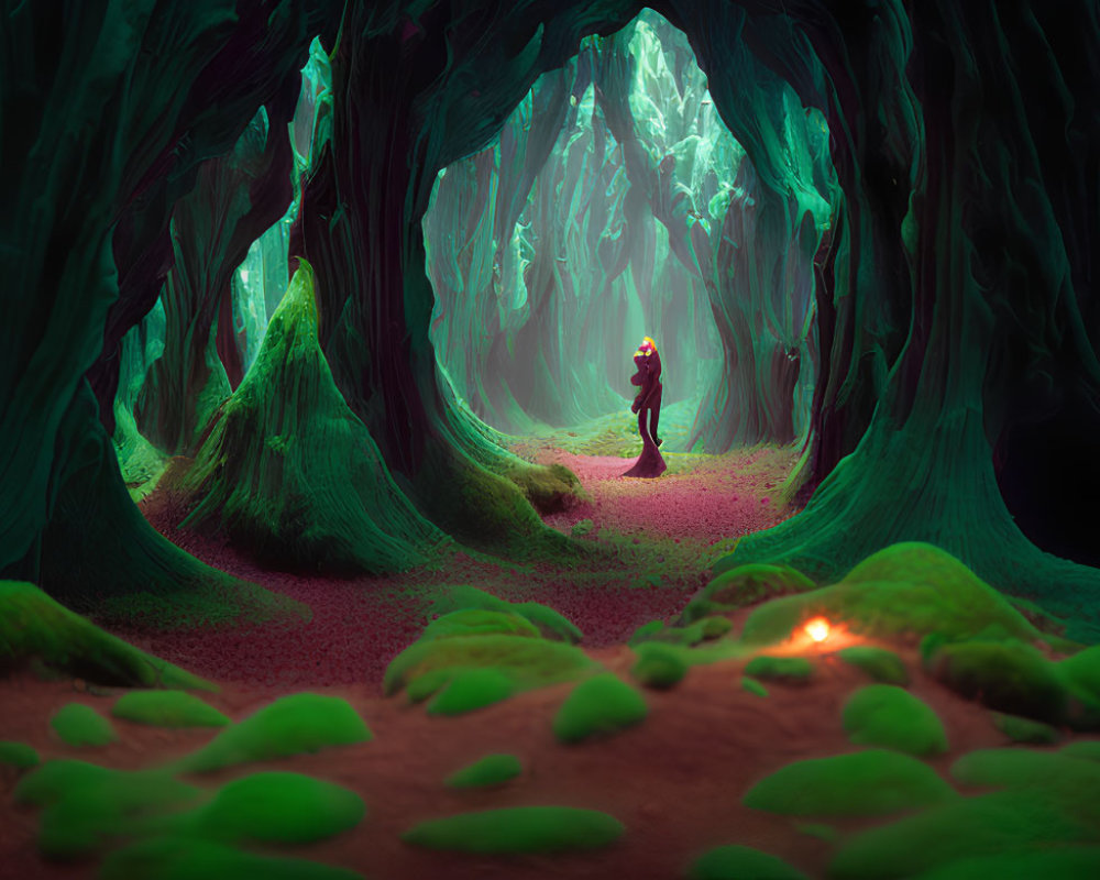 Person in glowing, fantastical forest with twisted trees and mystical ambiance