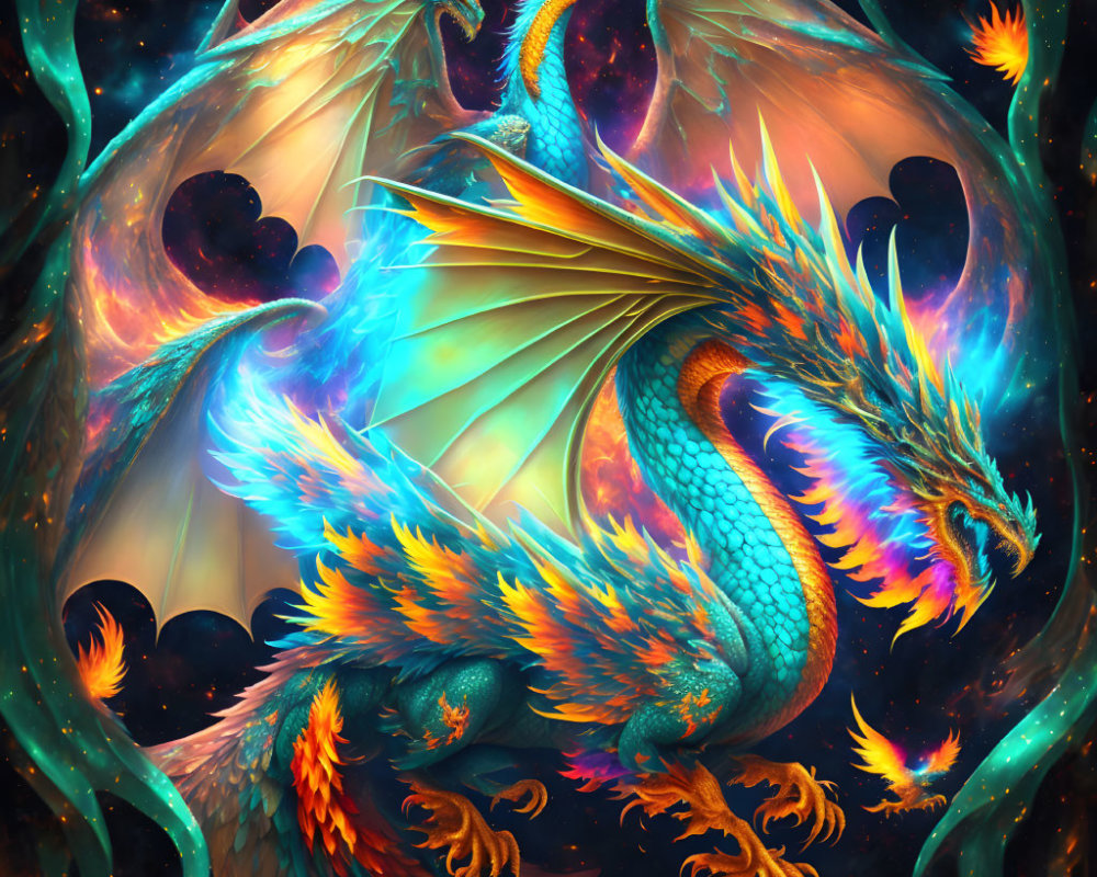 Colorful Dragon with Iridescent Scales in Cosmic Setting