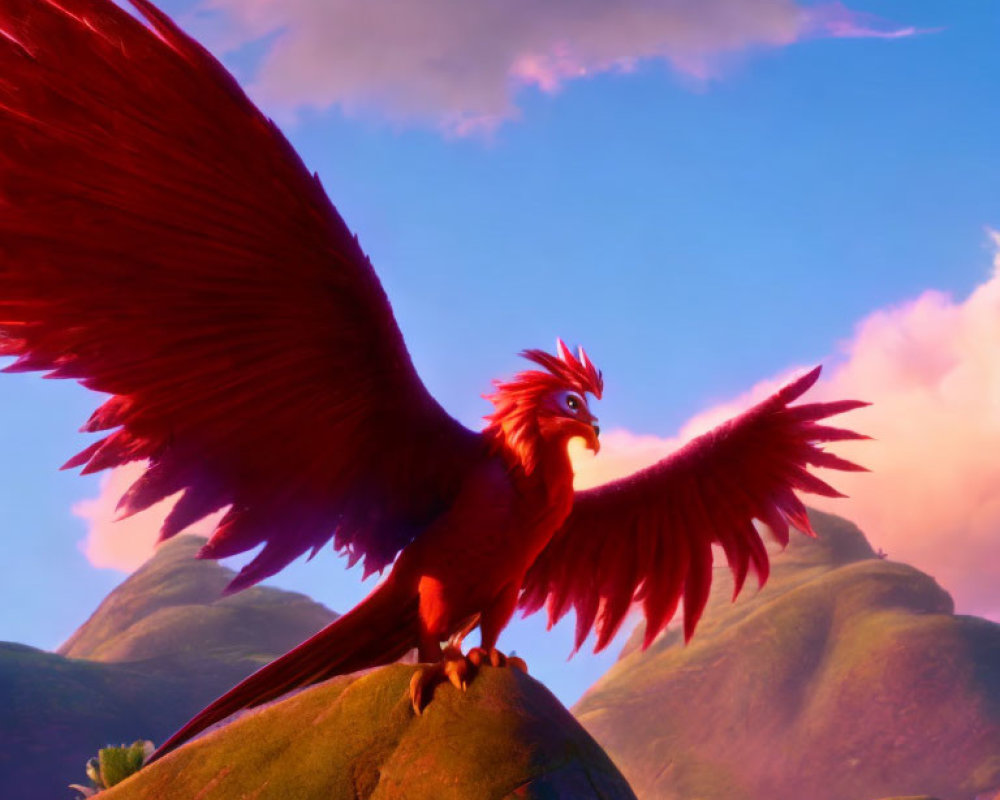 Animated red phoenix perched on rock in purple hills.