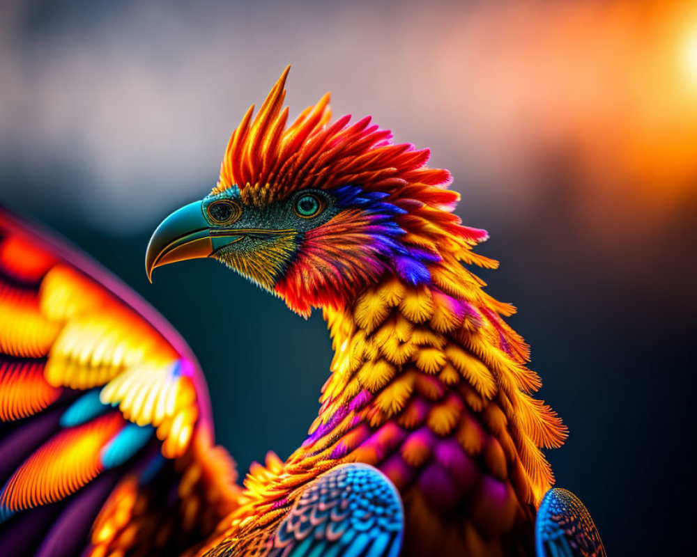 Colorful Digital Art: Fantastical Bird with Orange and Red Plumage