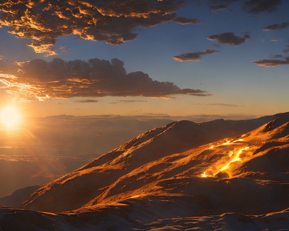 Snow-capped mountains under golden sunset light with flowing lava