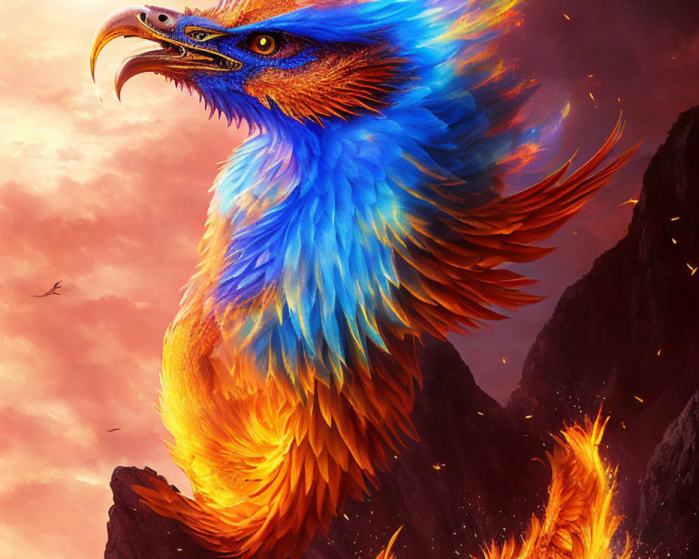 Mythical phoenix with fiery feathers in dramatic sky