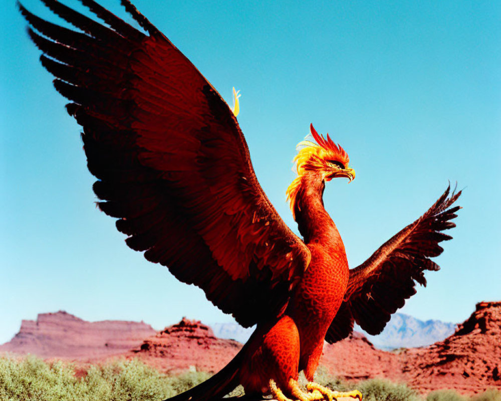 Stylized red and orange bird with spread wings on rock against desert backdrop