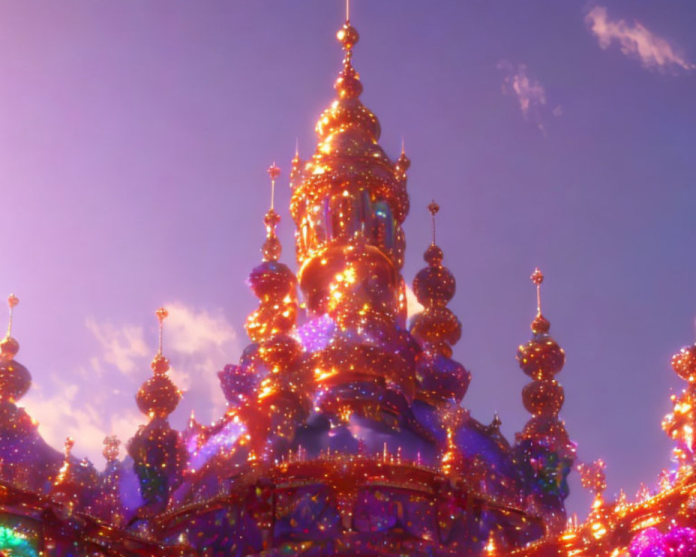 Ornate castle with golden spires and colorful lights at twilight