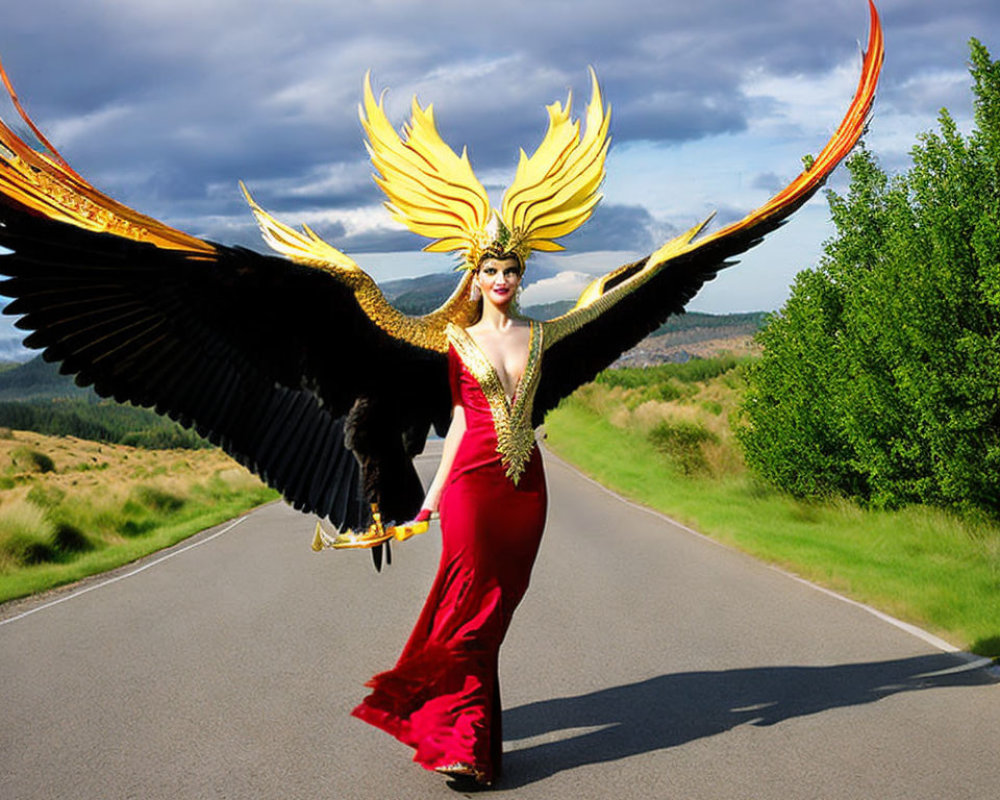 Person in Red Dress with Feathered Mask & Bird Wings on Road with Scenic Background