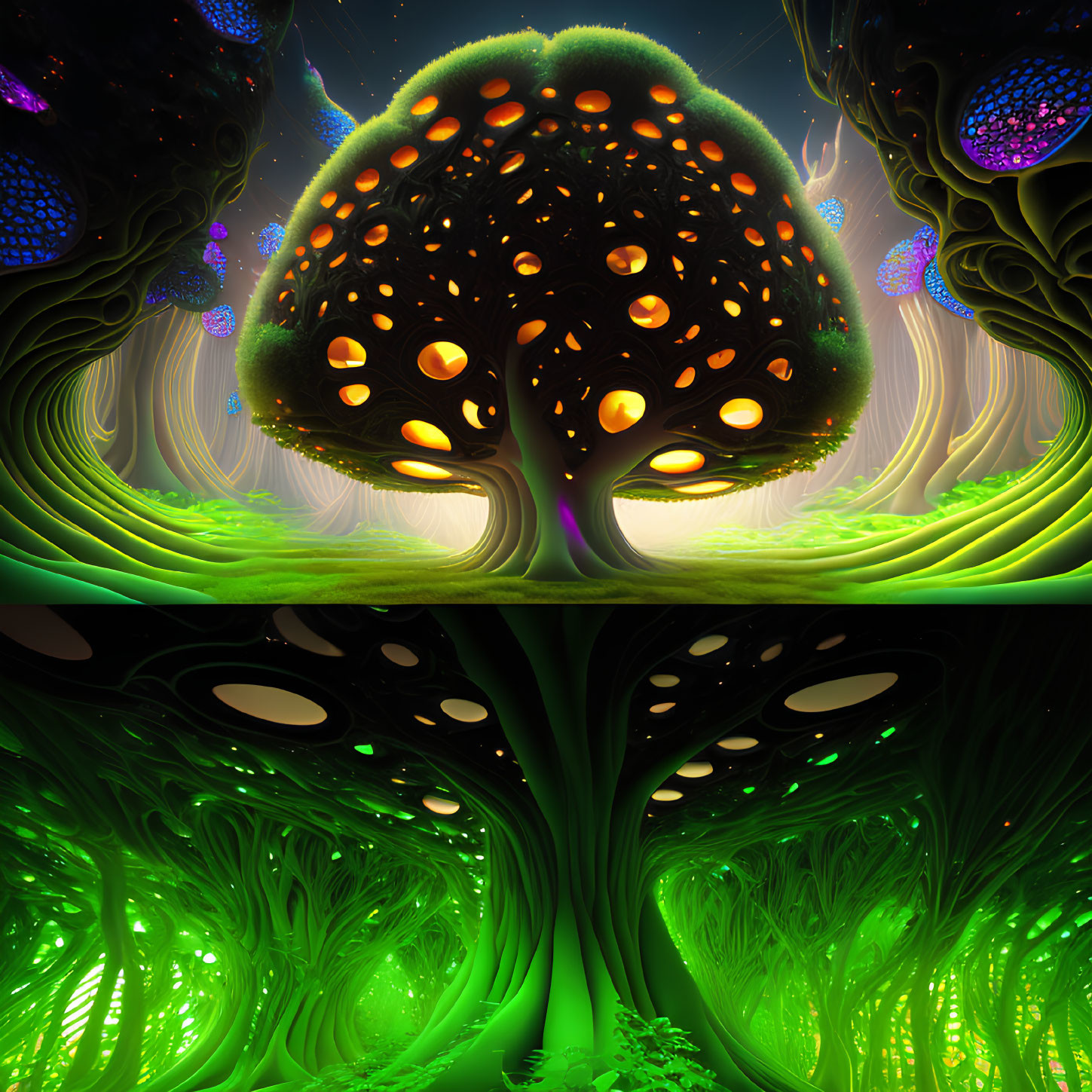 Symmetrical fantasy trees in vibrant digital artwork