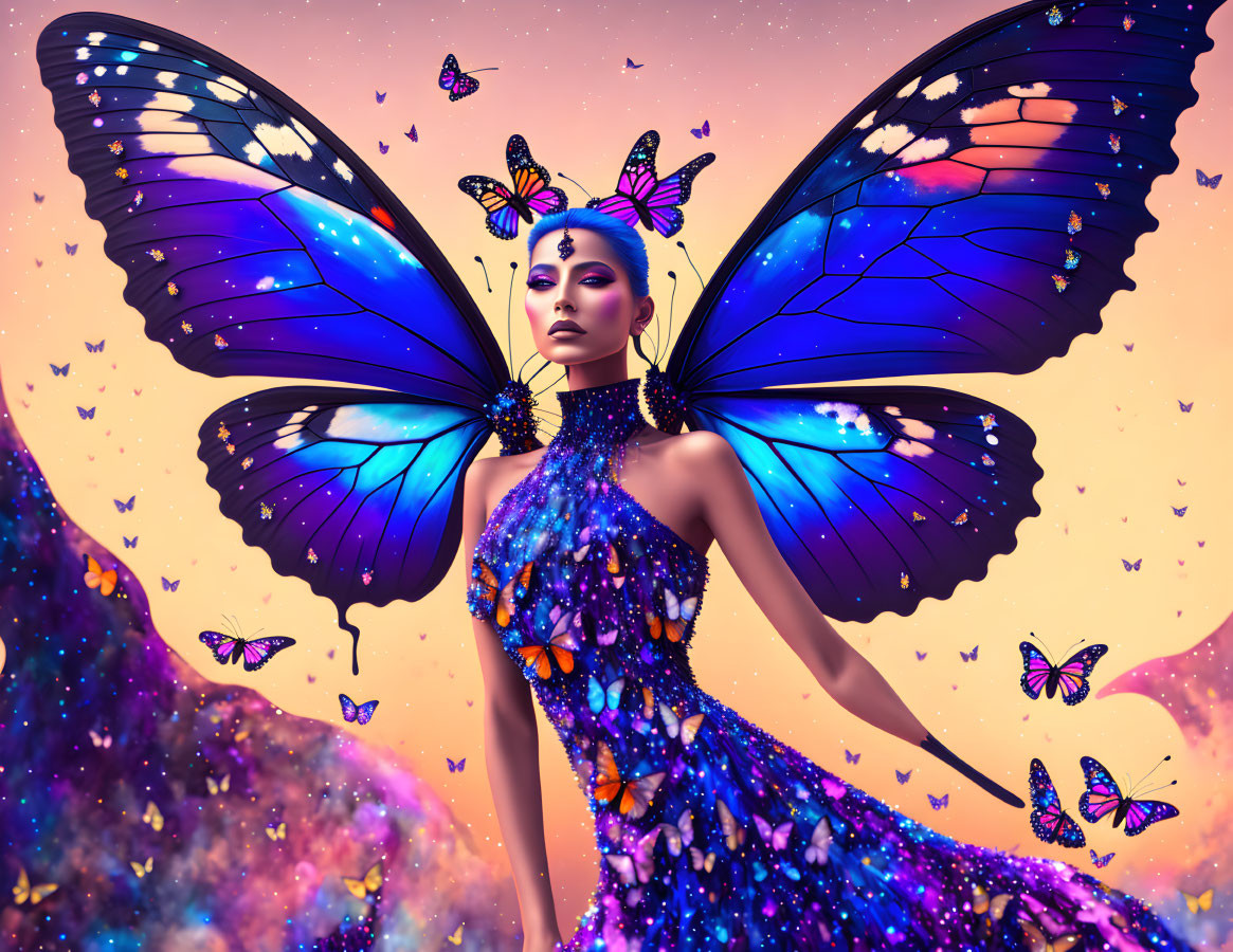 Woman with Blue Butterfly Wings in Galaxy Dress and Whimsical Background