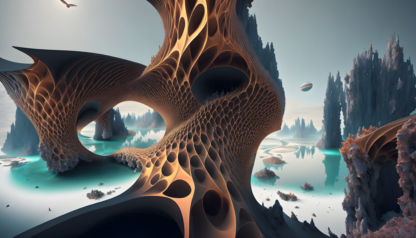 Surreal landscape with honeycomb-like structures and towering spires under a hazy sky