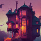 Victorian-style house at dusk with flying bats in pink and purple sky