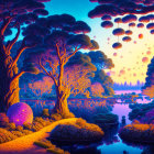 Neon-colored landscape with trees, lake, house, and hot air balloons