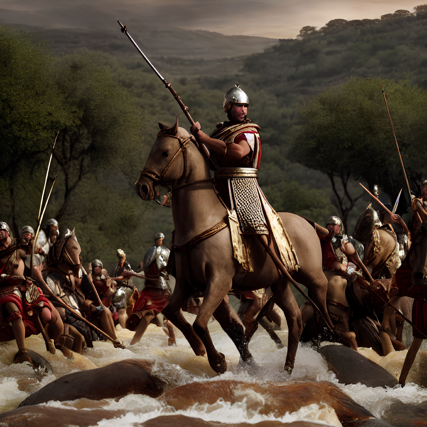 Roman leader on horseback leads soldiers crossing river with spears and shields