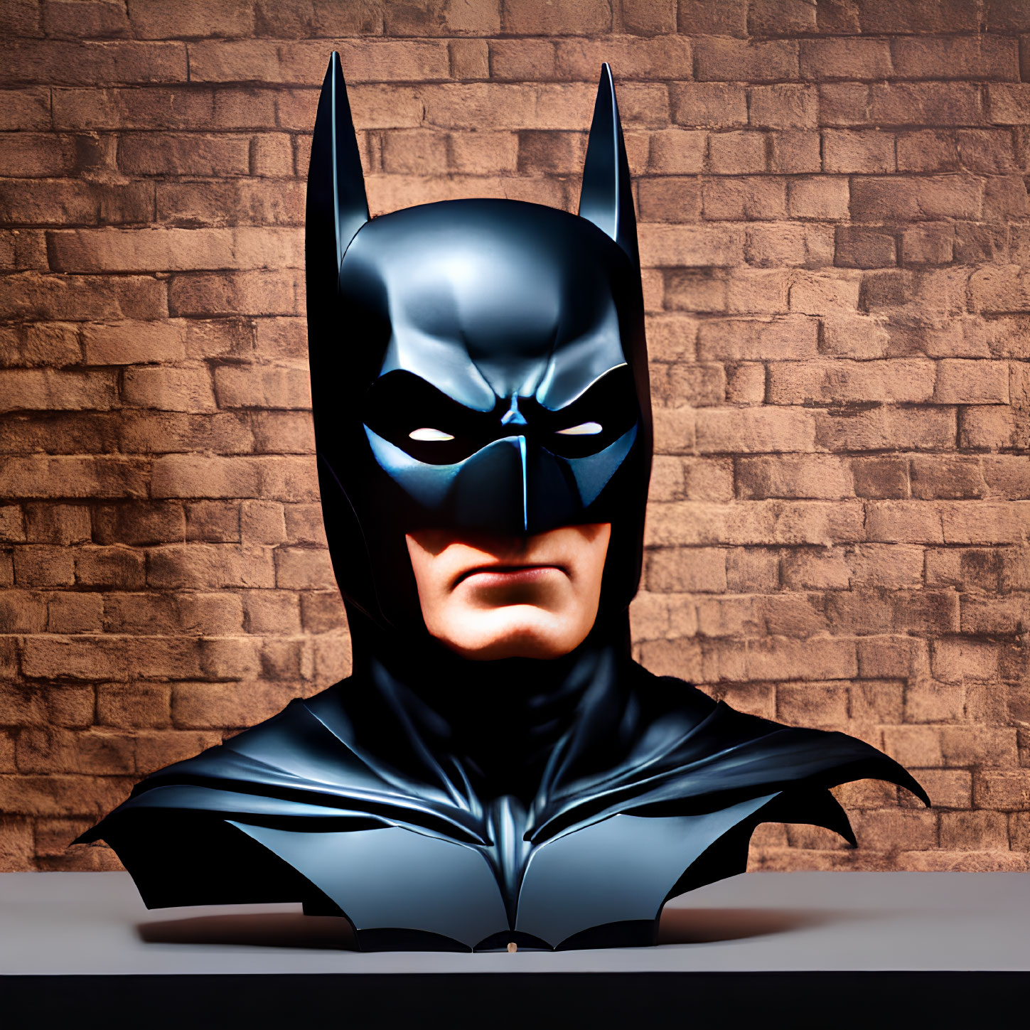 Batman costume with cowl and cape in front of brick wall