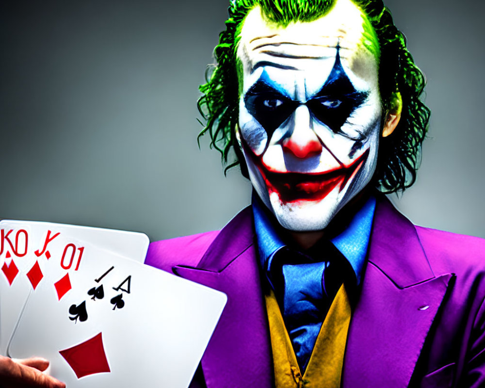 Person in Joker costume with playing cards, purple coat, green hair, and colorful face makeup