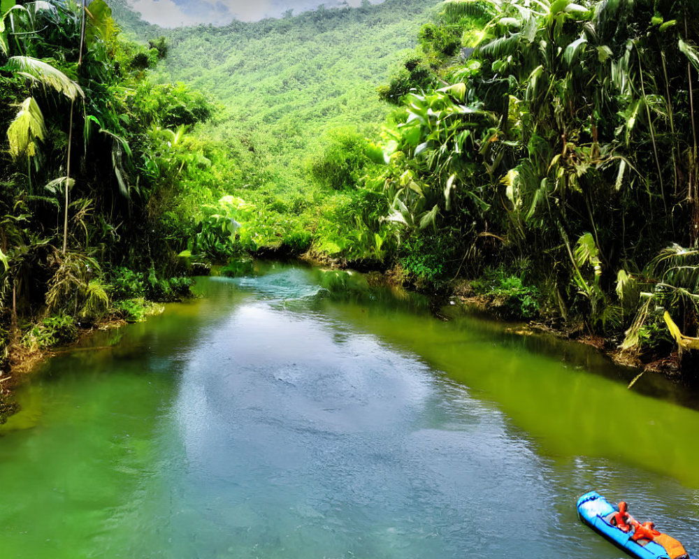 Tropical Forest with River and Kayak on Cloudy Day
