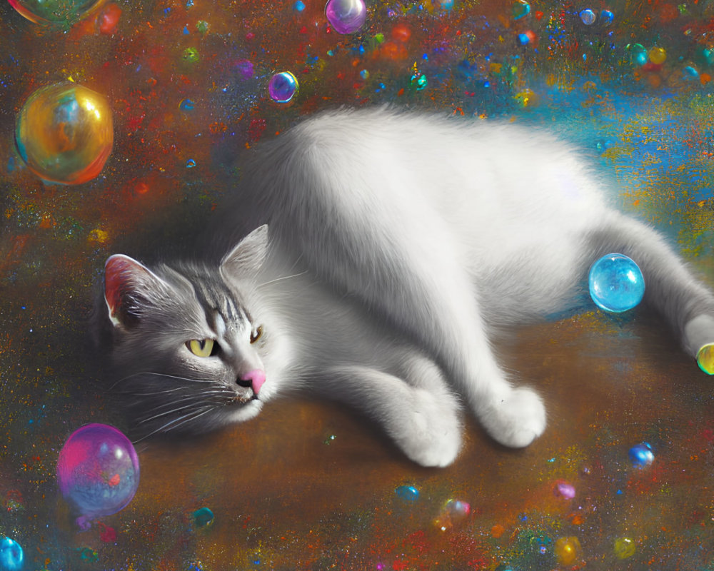 White and Grey Cat Relaxing in Cosmic Space with Multicolored Bubbles