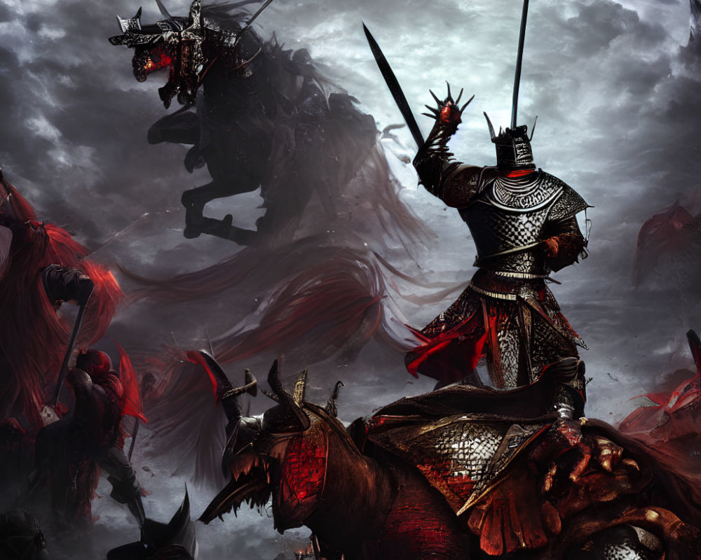 Armored warrior on horse with raised weapons in malevolent landscape