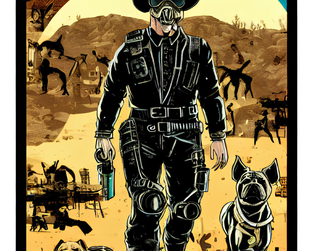 Detailed Western Sheriff Illustration with Bulldogs in Desert Setting