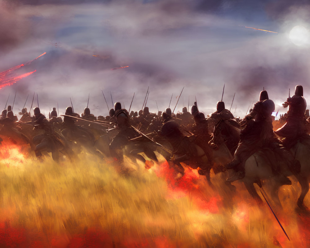 Mounted warriors charging through flames in dramatic battle scene under streaking projectiles.