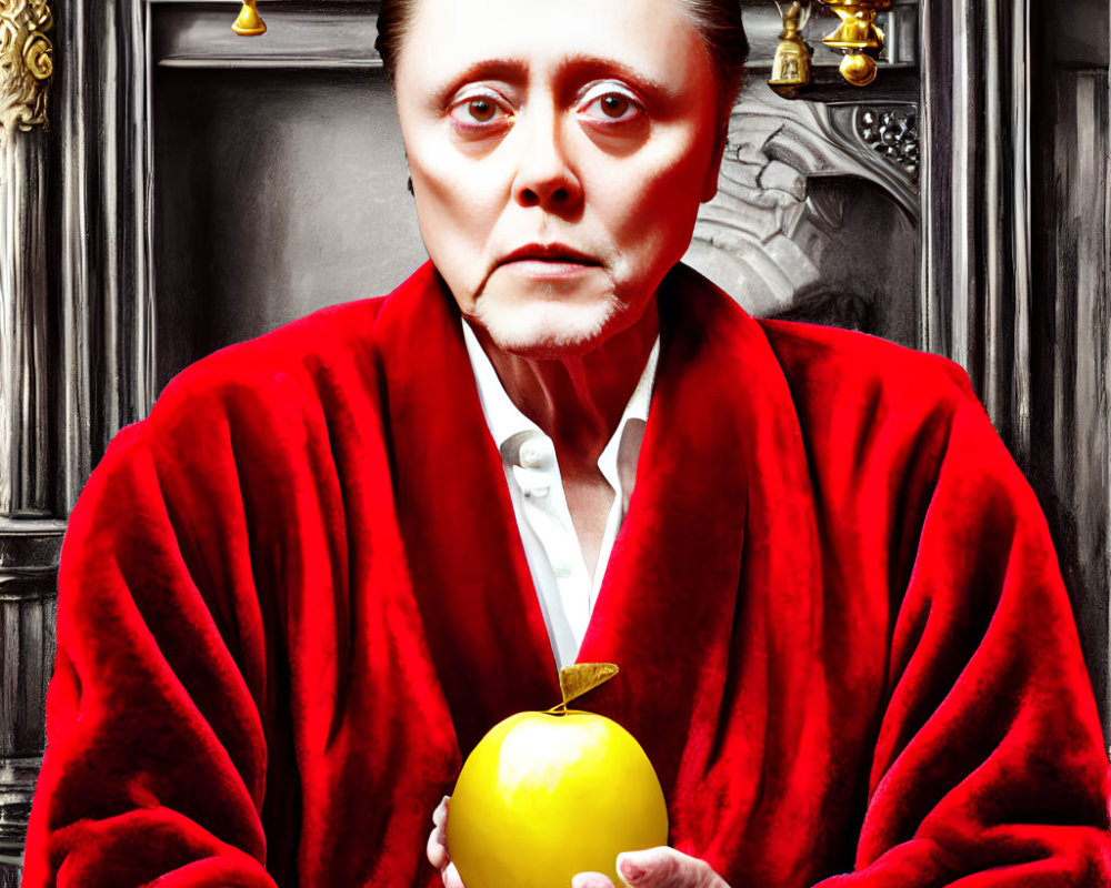 Gothic-style makeup person in red robe with yellow apple on ornate background